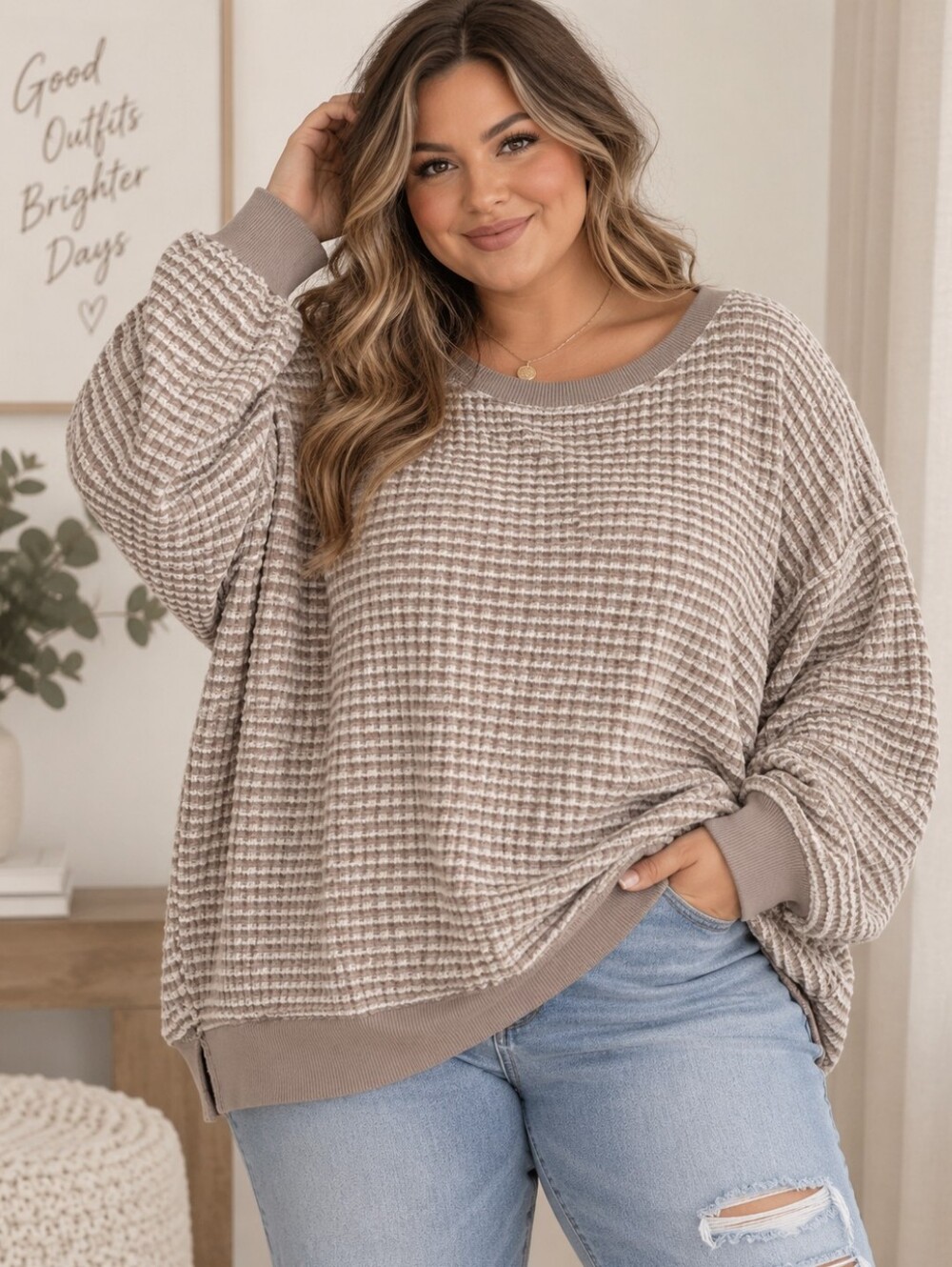 American Eagle Outfitters Taupe Waffle-Knit Scoop Neck Sweater